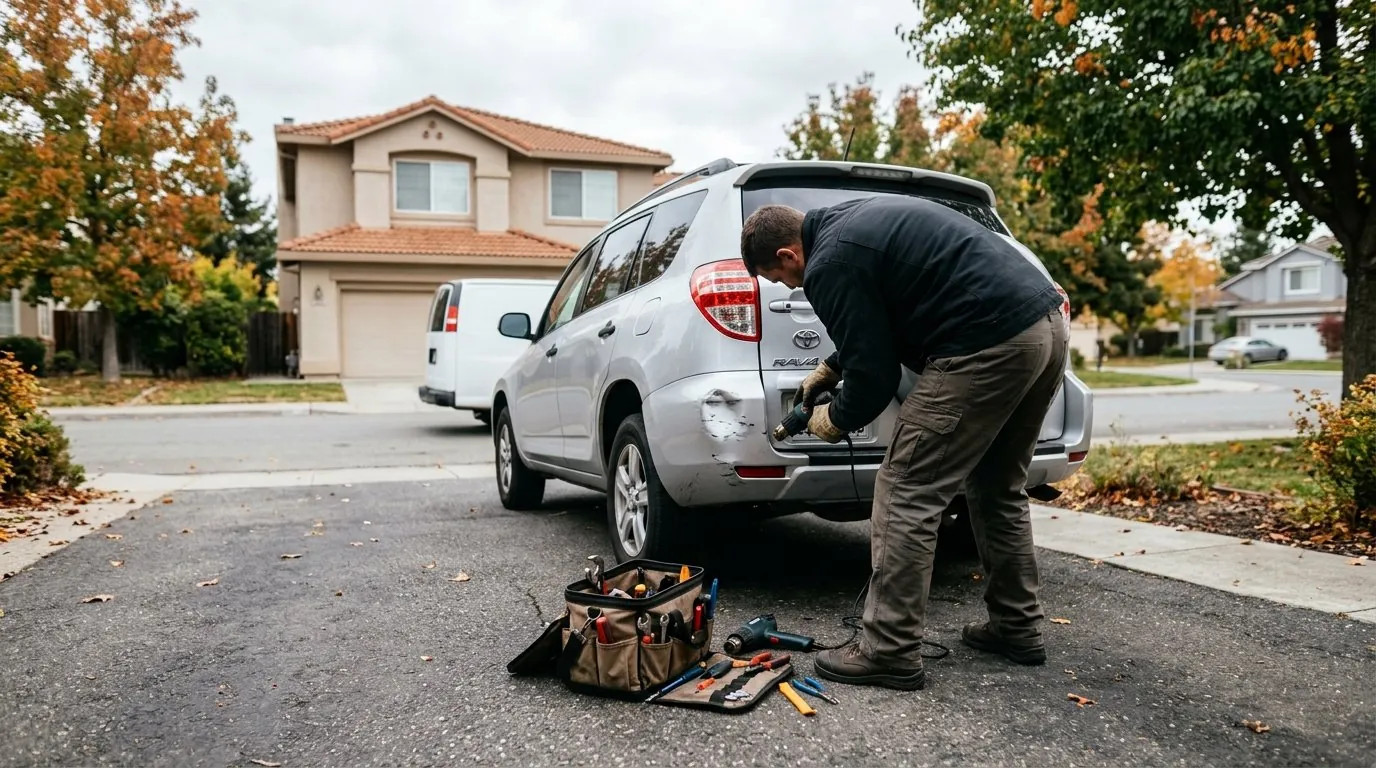 Technician performing mobile auto body repair on a car bumper in a San Jose driveway during October.